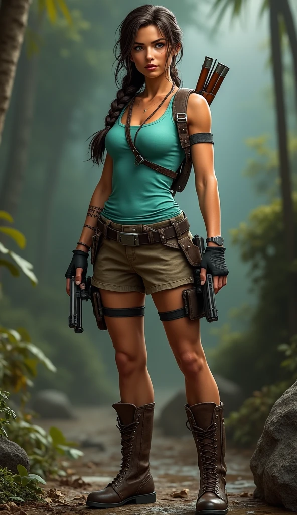 (wide shot,full body photo,in front)(8k, RAW photo, best quality, naked,masterpiece:1.2), (realistic, photo-realistic:1.4,Full body shot, 8k, isolate subject for illustration,Lara Croft, the iconic protagonist of the Tomb Raider series, is known for her distinctive and athletic appearance. Here is a detailed description of her with a focus on her physical attributes: Hair: Dark brown, often styled in a practical braid or ponytail, reflecting her adventurous lifestyle. Eyes: Brown, conveying intelligence and determination. Skin: Tanned, showing the effects of her outdoor adventures and physical challenges. Outfit: Her classic outfit includes a turquoise tank top, light brown shorts, calf-high boots, and fingerless gloves. She also wears a utility belt with holsters for her dual pistols, and sometimes a backpack for her gear. Accessories: She is often equipped with various tools and weapons, including her signature dual pistols, a climbing axe, and sometimes a bow. Physique: Athletic and muscular, showcasing her agility, strength, and endurance. Her physique is well-toned, reflecting her rigorous training and physical activities. Expression: Confident and focused, with a hint of curiosity and resilience, embodying her fearless and intelligent nature. Lara Croft’s appearance is a blend of classic heroism and modern athleticism, making her one of the most recognizable and influential characters in gaming,in a themed Backgound