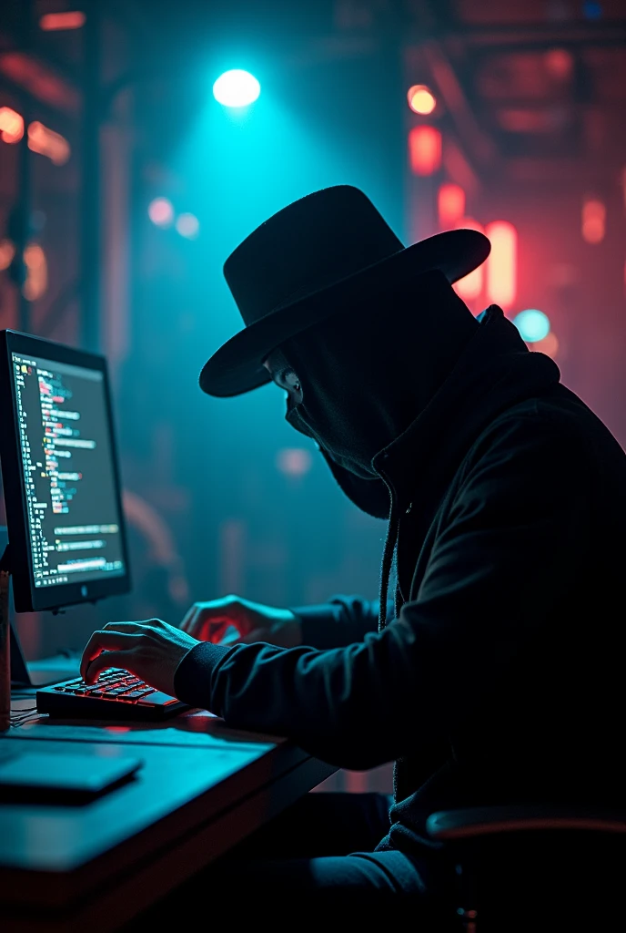 photorealism:1.2,Black hat hacker preventing cyber attack,darkness and neon lights all around,glow effect computer