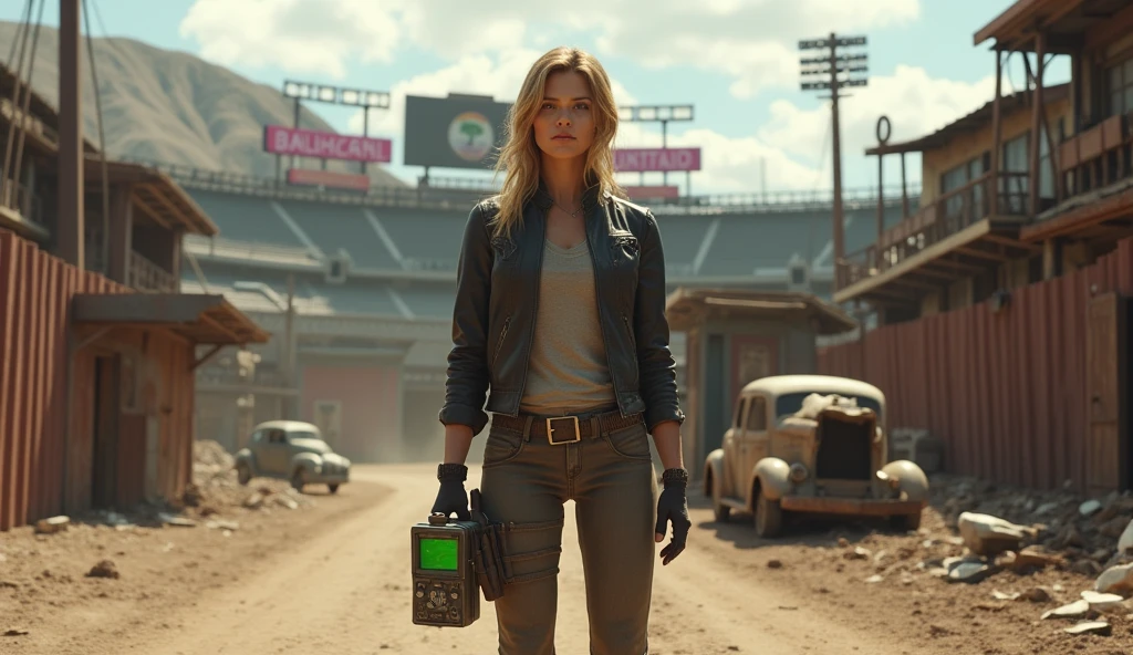 A highly detailed, ultra-realistic 8K photograph of a woman standing in the post-apocalyptic world of Fallout, in the wasteland near Diamond City. The setting should be photorealistic, with realistic textures, lighting, and shadows. Diamond City is located inside a ruined baseball stadium, surrounded by walls made of scrap metal and rusted equipment. In the background, you see realistic rusted metal structures, neon signs, wrecked cars, and dilapidated buildings. The woman is dressed as a survivor in a leather jacket, tactical pants, and dust-covered boots. On her left arm is a highly detailed Pip-Boy 3000 with a glowing green screen. The image should look like a cinematic photograph, with realistic lighting and dust particles gently rising from the ground, giving it an immersive atmosphere.