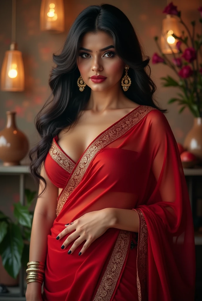 ((Indian milf, indian woman, milf)), (((ultra realistic))) Photo, masterpiece, top quality, (pale skin), (Ultra detailed face and eyes:1.2), 1 girl, Adult, ((in one size too small saree)), strapless saree blouse, ((very heavy eye makeup,)), ((fake detailed lips)), ((black wavy hair)), ((Stylish hairstyle)) , (({Enormous|Gigantic|Big|Huge|Mega|Fake} pushed-up breasts)), (very slim waist). ((very huge cleavage)), photoshoot, (Soft) Lighting, (The play of light and shadows), depth of field, bokeh, (special attention to skin detail: 1.2), (special attention to enormous breast size: 1.2), (((special attention to extra tight clothing size: 1.2))), Detailed texture, skin pores, oily skin. (Erotic atmosphere of the frame. Color range - purple,  Tons), UDR, ((Film grain)), ((rays)), (Glare), ((upper body body)) , ultra detialed, cinematic studio light reality ultra HD reality realistic sexy indian jewels 