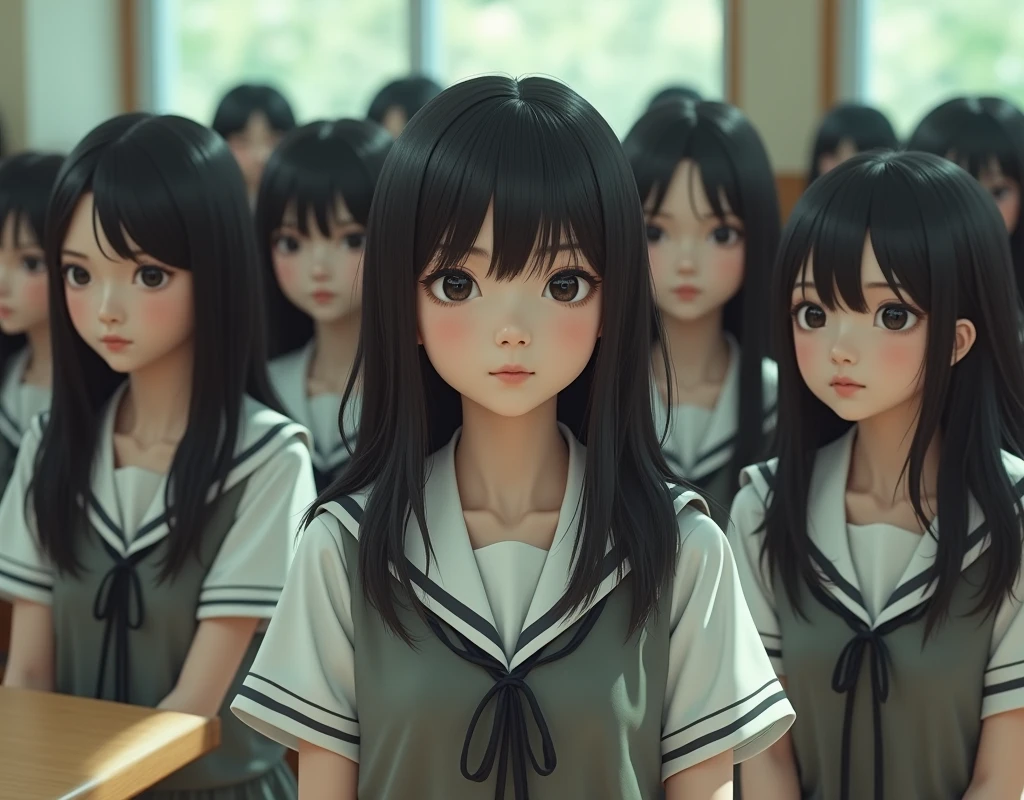 (Japanese Clone-girls=Myself), (Super Best masterpiece Clone-girls Raw Photography Art), (16K, Highest quality, Ultra-high resolution, RAW Photos), (It's so unrealistic., With unparalleled depiction, With an unfathomable sight, An unprecedented and shocking worldview, Clone-girls: In a world of mass reproduction, Ultra-realistic depiction), (Japanese Girls, Hamabe-Minami, 18yo), (Small face, Thick black hair, long hair, Dark Eyes, Mature face, Cute Smile, Smiling face, A gentle gaze), (Very pleasant look), (Very beautiful and detailed girl, Accurate body structure, Accurate body movements, Very detailed body), (Super big breasts, Large bulge of ample breasts), (High school girl's summer clothes, Short sleeve, Emphasise the fullness of your breasts), (Very detailed, Myself cloning, Depiction of splitting oneself, 1Myself girl→1,000,000,000,000,000,000,000,000,000,000Myself cloning girls), (Myself clone girlsは, With the same perfect appearance, to multiply in large numbers), (Very detailed depiction, Myself's multiplying female body, In the same female body,With the same face, With the same hairstyle, In the same clothes, At the same height, 同じSuper big breastsで, A completely indistinguishable female body, 1,000,000,000,000,000,000,000,000,000,000 people), (Myself girls only), (1,000,000,000,000,000,000,000,000,000,000Myself girls), Japanese Classroom, Scenes from class, Bright lighting, Peaceful atmosphere, Talk to Myself, wide view, Snapshot depiction, You can shoot your subject from anywhere, The subject doesn't have to be front and center