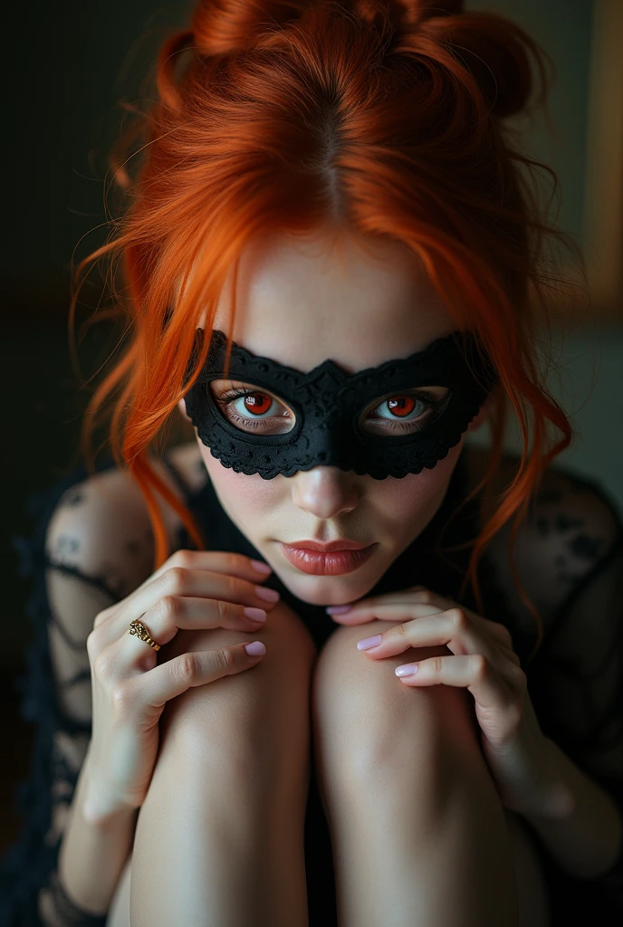 1 girl, Red hair, updo, Strands of hair on the face, red eye, Maske, Size, naked, Recording the floor angle, Viewer looks up, feet in pantyhose, large , Shocks, RAW photography, 8k, masterpiece,