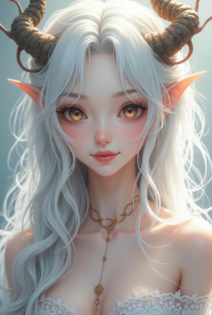 1girl, Solo, High Resolution, Masterpiece, Anatomically Correct, Accurate, Best Quality, HD, Long Hair, White Hair, Hair Between Eyes, Breasts, Smile, Dragon Horns, Anime, Digital Art, Art Nouveau, 