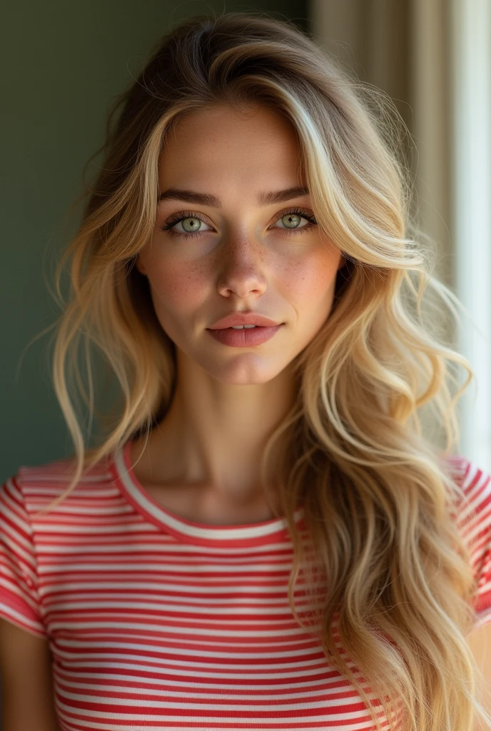 Beautiful woman with long curly blonde hair, green eyes, long nose and freckles wearing a red striped t-shirt