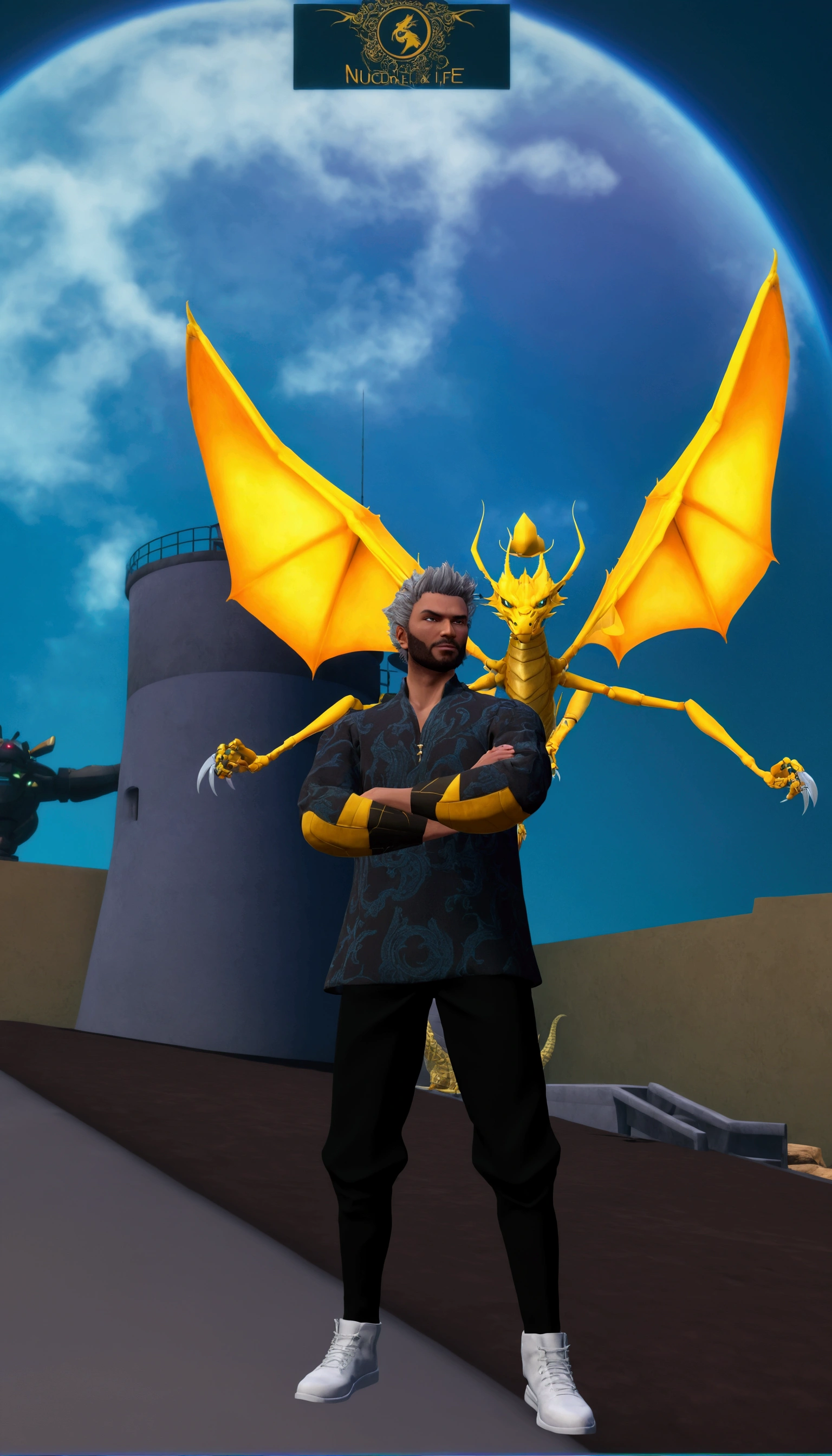arafed man standing in front of a giant yellow dragon, giant golden nuclear hornet, upper body avatar, with robot dragon head, second life avatar, in the style of sifu 🔥 😎 🕹️ 👀 :2, in game screenshot, in - game screenshot, in-game screenshot, profile picture 1024px, male djinn man demon hybrid