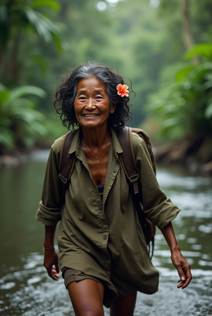 Photorealism 1.4 realistic realism high detailed definition Malaysia native aboriginal orang asli old women curly hair white black crossing river river stream dark skin weaver backpack smile faces jungle big river wearing loose shirt accessories on hair flower