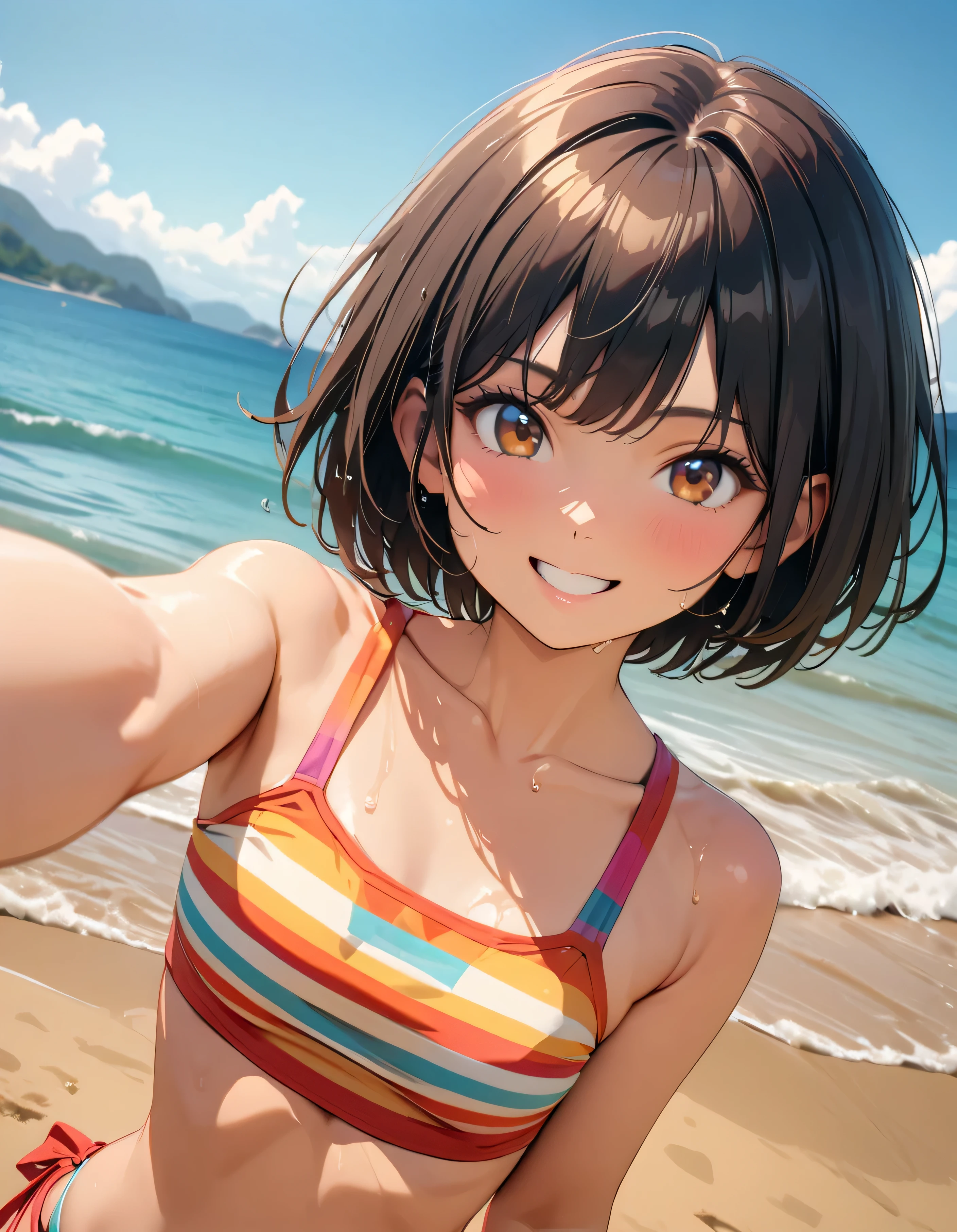 (Highest quality:1.2, Very detailed, Latest, Vibrant, masterpiece:1.2, Highest quality, Best aesthetics), smile, ((Face Up Shot:1.4)), 1980s style, 8K Ultra HD, Background Blur, smile, One Woman, Woman in bikini, Strong sunlight, Seaside, sunny, Summer sunshine, Wet Skin, Flat chest, Sandy Beach, Bobcut, low length, Dynamic Angle, very young, Get excited