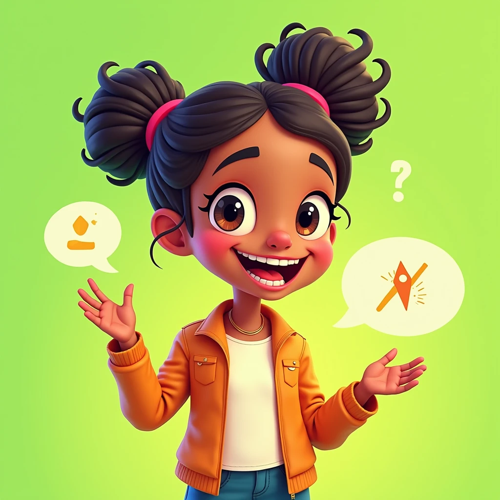 In this illustration, a smart and cheerful young girl stands in front of a bright green background. She is dressed in vibrant clothing that complements the lively setting. Her face is lit up with a wide smile, sparkling eyes, and an expression of excitement and confidence. Her right hand is raised, as if she's enthusiastically explaining something. Surrounding her are additional visual elements such as speech bubbles or educational icons that represent the topic she is discussing, enhancing the impression of her cheerfulness and intelligence.