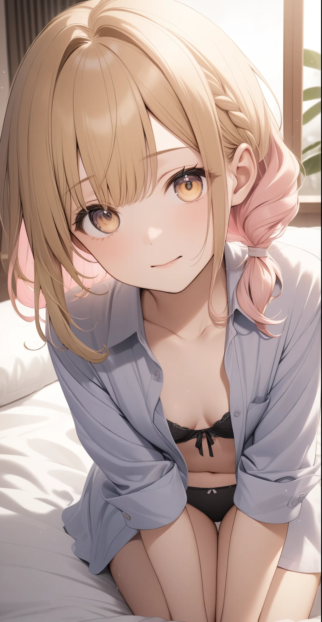 one,((A cute unbuttoned uniform))、(She is wearing a bra and low-rise panties as a setting.)、(Golden hair colour、Pale pink inner color hairstyle、Texture like after a bath), Beautiful Hair, Facial Contour, Remember, Hotel, moonlight、splash, Lens flare,, Natural Color, High resolution, Very delicate, Very detailed, 8k,、Shyness,((Sexual))、Lying in bed、Embarrassed and comfortable expression、Shy gesture、Angle of view from the foot、up