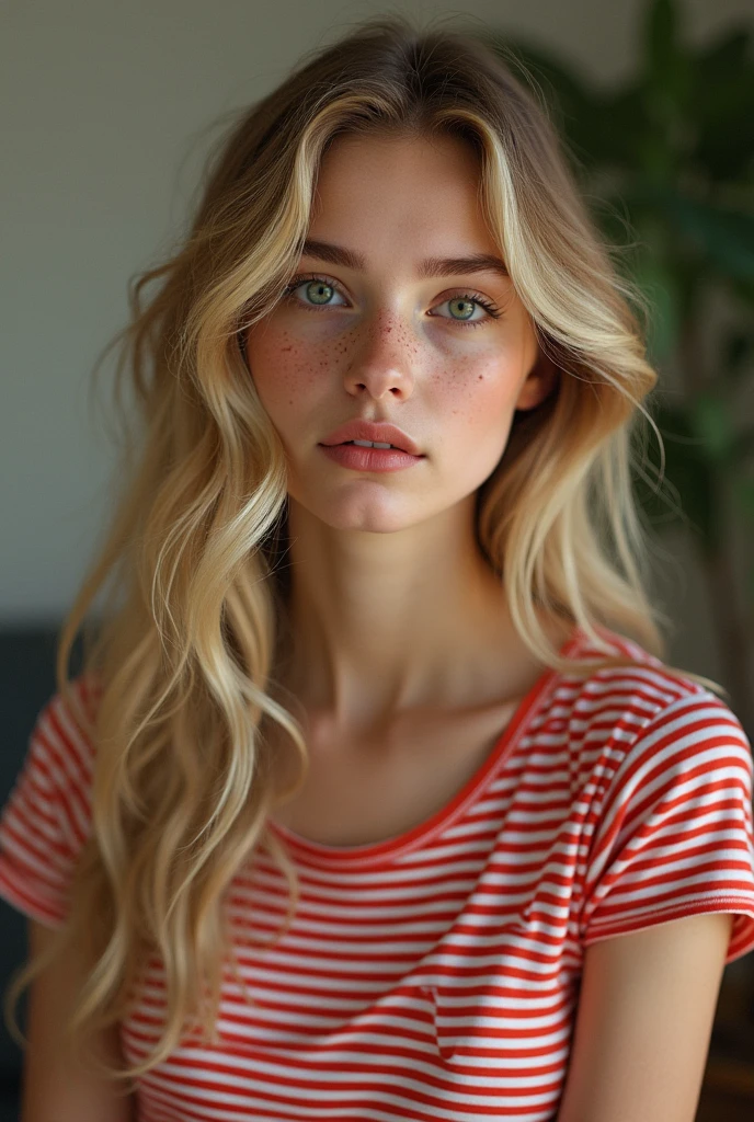Beautiful woman with long curly blonde hair, green eyes, long nose and freckles wearing a red striped t-shirt
