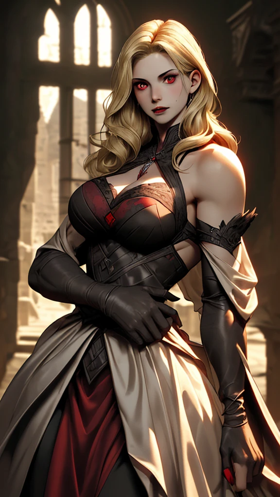 Create a book cover in the style of the game Chapters, with semi-realistic visuals. Show a stylish vampire, with a slim and curvy body, pale skin and long, wavy black hair. She has glowing red eyes and wears a dark gothic dress with silver details.. from beside, a girl with an athletic physique, shoulder length blonde hair and surprised expression. The background is an ancient and mysterious castle with soft and dramatic lighting., highlighting the tension between the two characters.