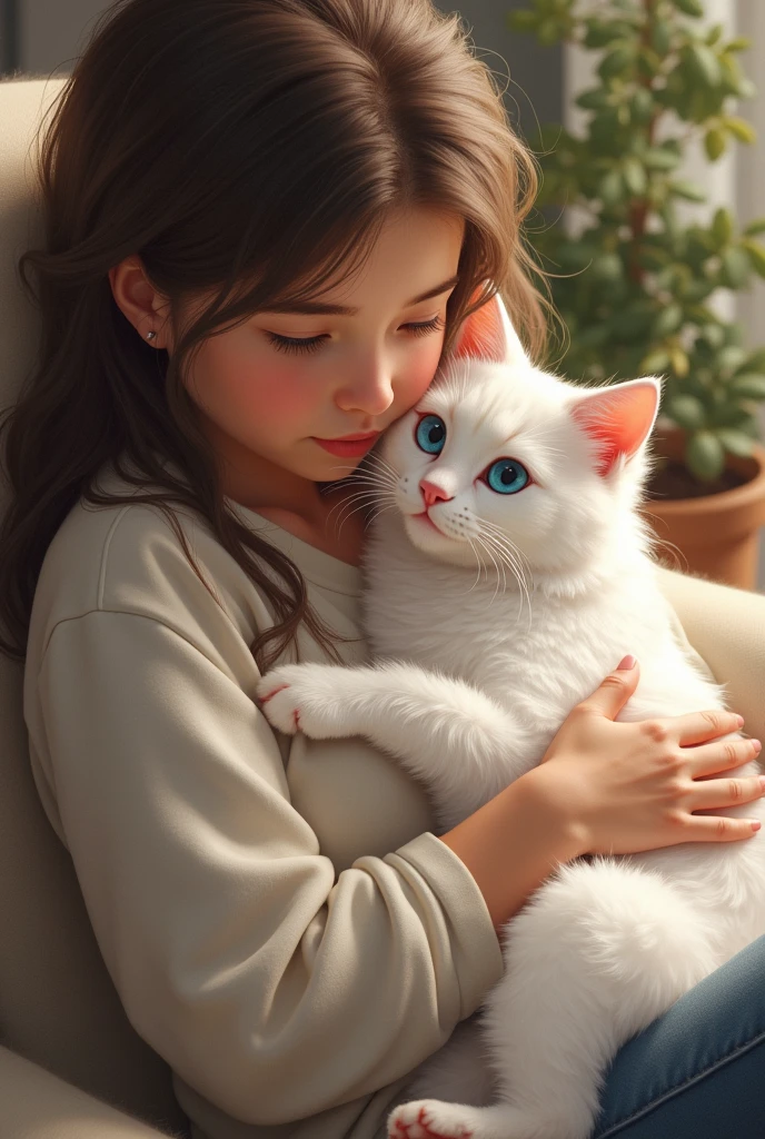 I want to create a picture where there is a cat with blue eyes, white skin, and a very beautiful cat. The cat is sitting on the lap of its daughter owner in a room and being cuddled.