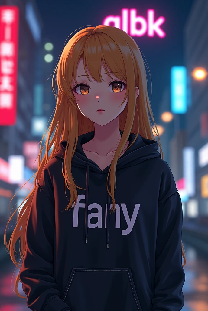Create anime character;
{background: capital HD text: “GLBK” in center-top, night}, tanned skin,
realistic, HDR, beautiful, korean style, full body, age 20, hoodie HD text: “Fany”, female, yellow hair, long hair, medium boobs