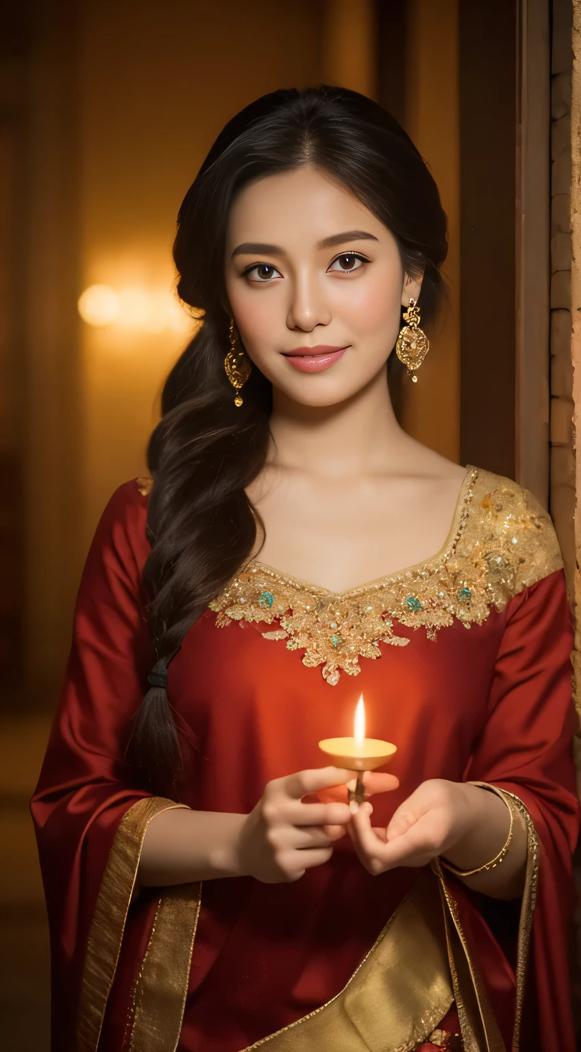 A warm, serene, and devotional atmosphere. The woman in the painting has a calm, gentle smile and her eyes are slightly lowered. She is holding a small, traditional oil lamp (diya). Her hair is neatly braided and adorned with flowers and an ornate headdress. She is dressed in a rich, deep red silk sari and elaborate traditional jewelry. The background is dark. The overall atmosphere is peaceful and spiritual.