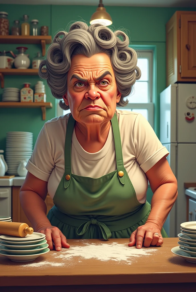 A whimsical realistic grumpy elder man with wrinkles with her hair in a messy bun, wearing a flowered robe closed tight, a cigarette hanging from the side of her mouth. She is standing at a stove cooking breakfast facing the camera with a quote bubble saying “who said good morning”. kitchen counter with a sink and a window over the sink in the background