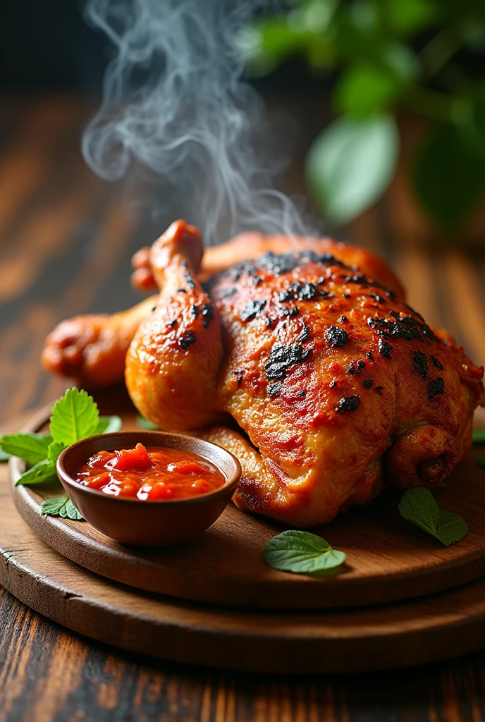 large full size indonesian grilled chicken with sambal on its side