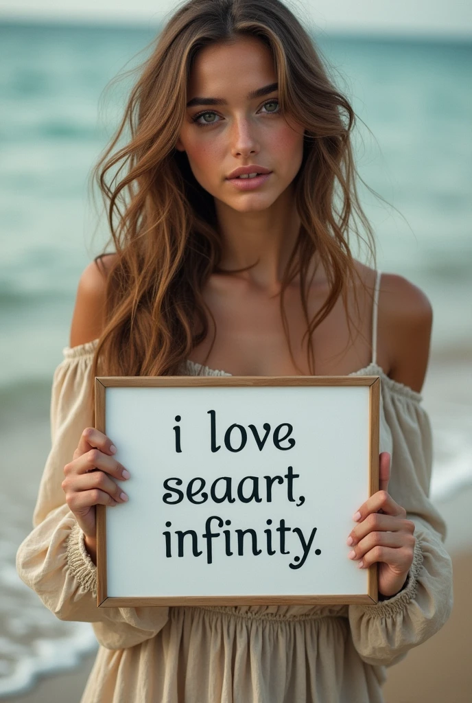 Beautiful girl with wavy long hair, bohemian dress, holding a white board with text "I Love Seaart Infinity" and showing it to the viewer