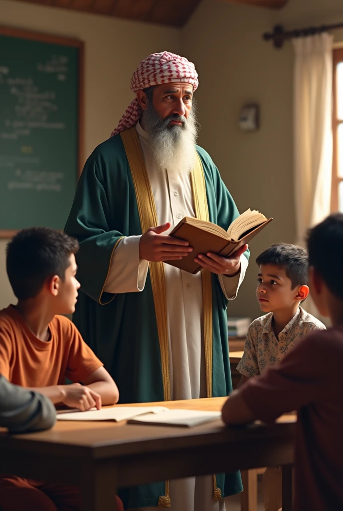 An arab man teaching book standing while Pakistani boys sitting 