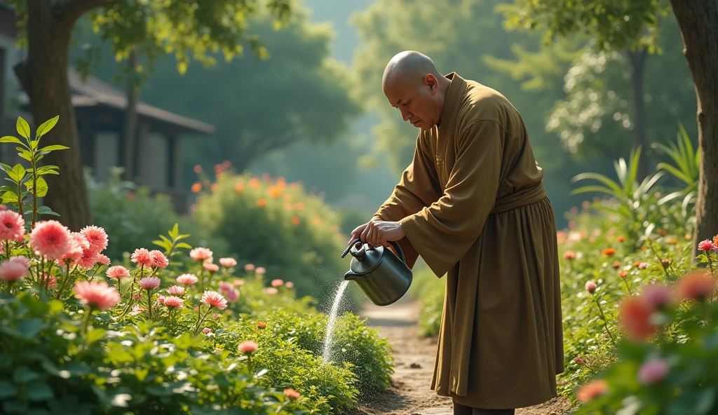 *Image**: The monk diligently working in the garden, watering plants, and tending to flowers, with a lush, well-maintained garden in the background.