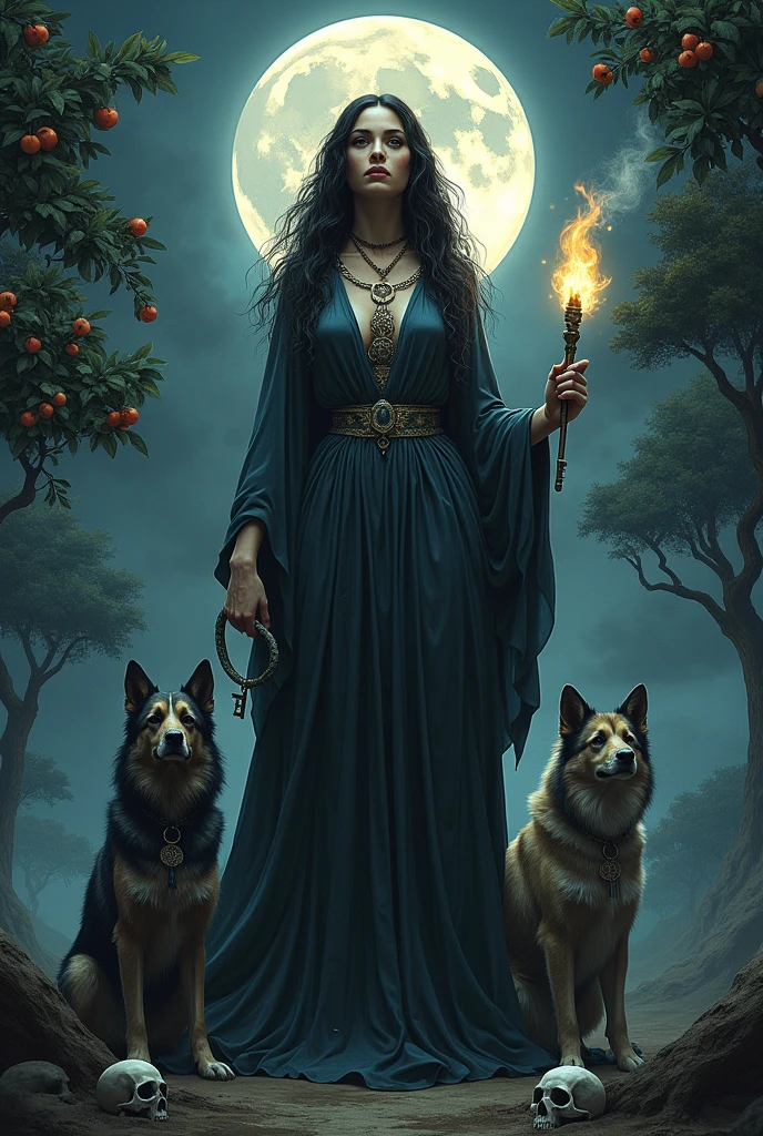 Goddess Hekate in a night landscape, with two dogs sitting, One on Each Side, a triluna in the sky, pomegranate trees in the background, a key around your neck, holding a torch in one hand and a live snake coiled around the other. Skulls at your feet.