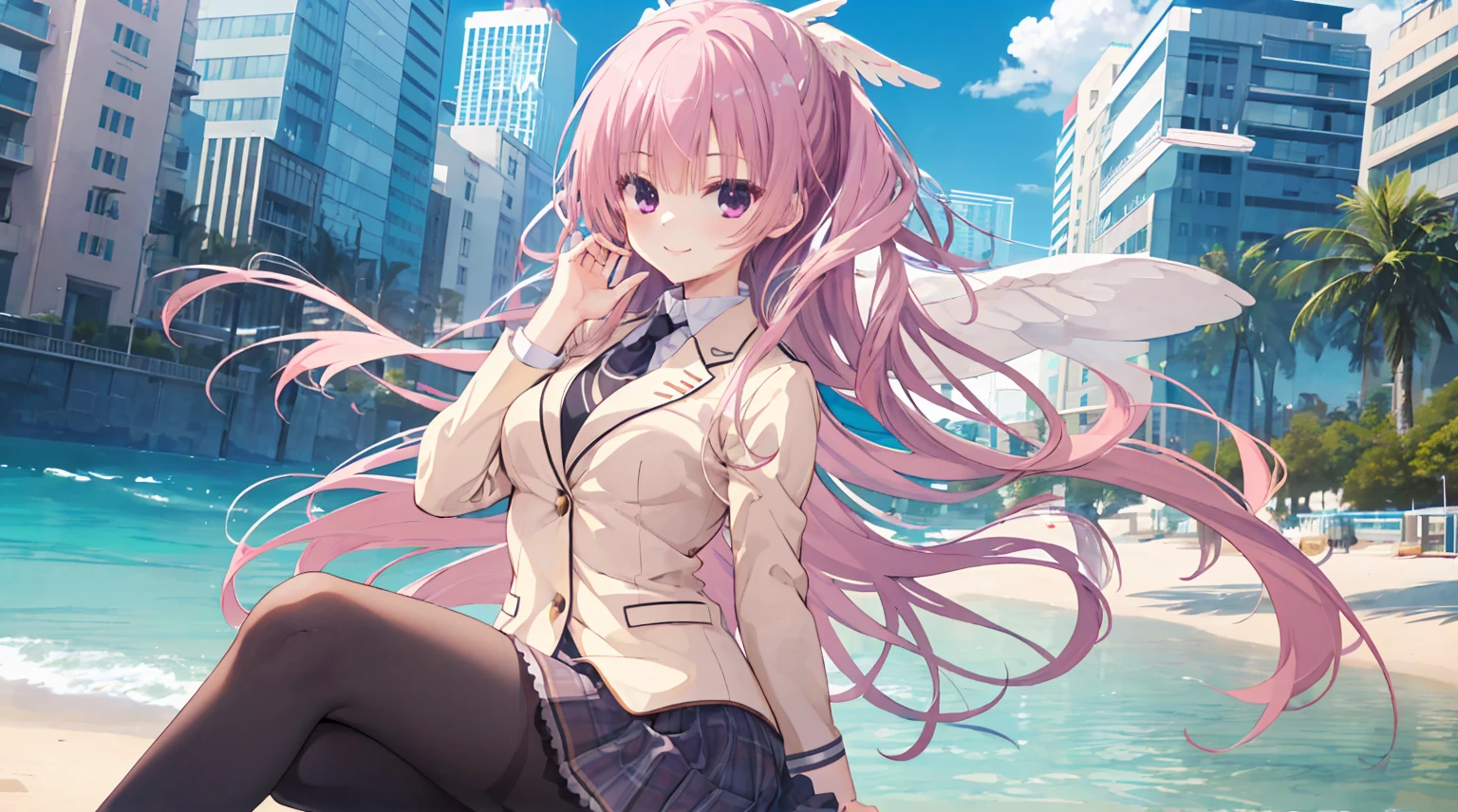 1girl,solo,mitsukasa ayase,kikka academy uniform,black pantyhose,kind_smile,smile,cityscape,character-centric,whole body,on the beach,