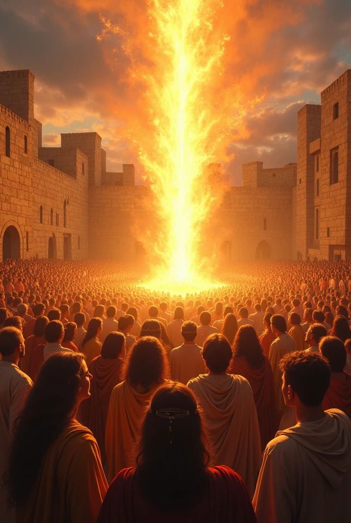 Pentecost in Jerusalem: A diverse group of people, filled with awe, stand in an open courtyard in Jerusalem. Above them, tongues of fire rest on each person’s head, symbolizing the descent of the Holy Spirit. The city's ancient stone walls and architecture are visible in the background.