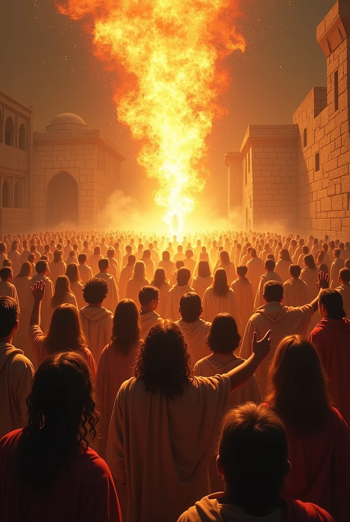 Pentecost in Jerusalem: A diverse group of people, filled with awe, stand in an open courtyard in Jerusalem. Above them, tongues of fire rest on each person’s head, symbolizing the descent of the Holy Spirit. The city's ancient stone walls and architecture are visible in the background.