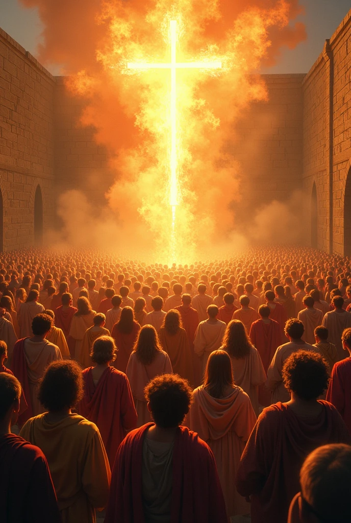 Pentecost in Jerusalem: A diverse group of people, filled with awe, stand in an open courtyard in Jerusalem. Above them, tongues of fire rest on each person’s head, symbolizing the descent of the Holy Spirit. The city's ancient stone walls and architecture are visible in the background.