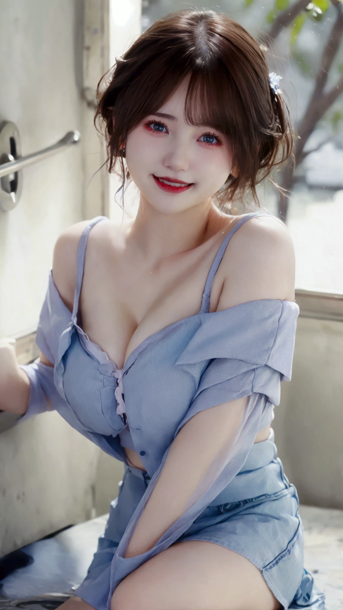 1 , high resolution, breastsout, blushful, shorth hair, bangss, laughter, blue colored eyes, precise, Masterpiece artwork, best qualityer,