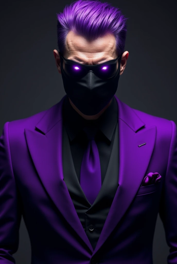 A man with a purple suit, purple hair forward, bright purple eyes with a black criminal mask 