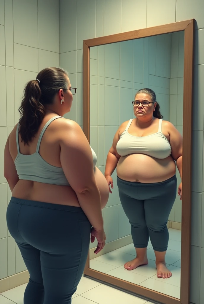 overweight woman looking in the mirror, and the mirror reflecting the same woman with a fit body working out