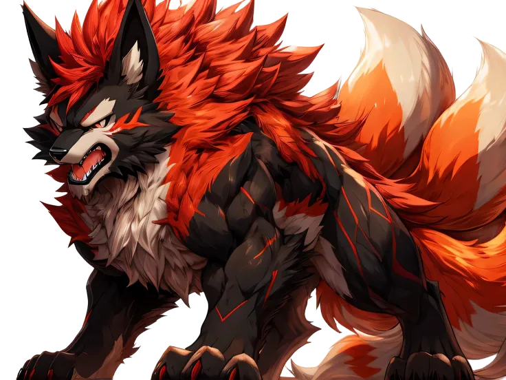 feral Ninetail, Giant Ninetail Monster, 4k, high resolution, best quality, perfect colors,looking down on viewerfrom above, solo, adult,strong build,strong body, muscular body,thick legs, large paws, anime colors, anime shading,detailed eyes, angry face,roaring, black fur,red mane,long fur,fullbody standing,macro giant, seeing from below, white background