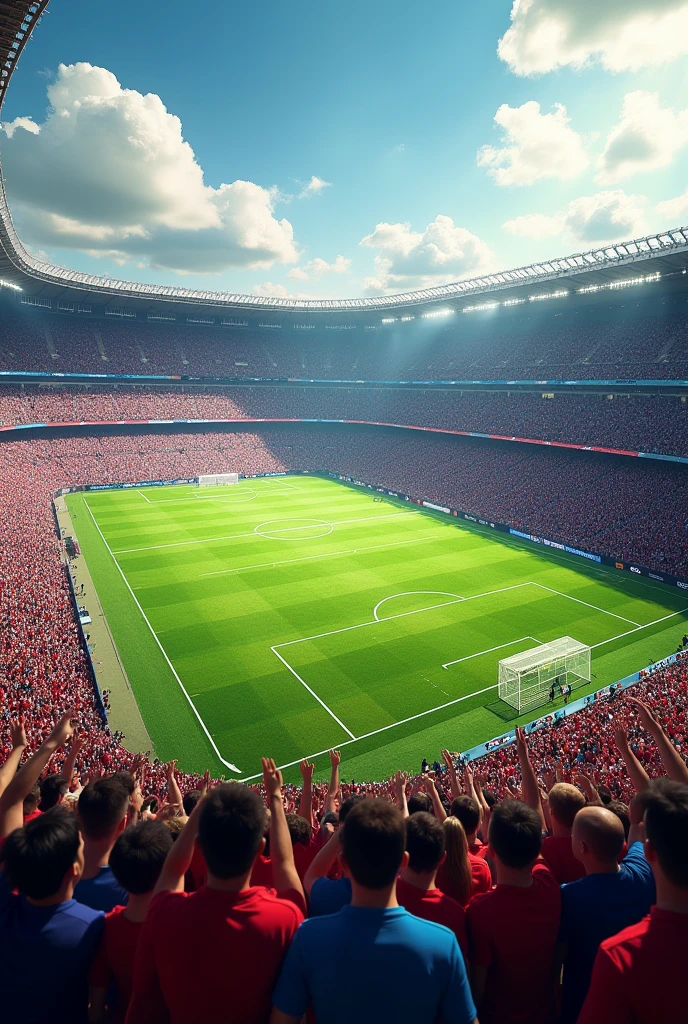 Create for me an image of a realistic football field with fans