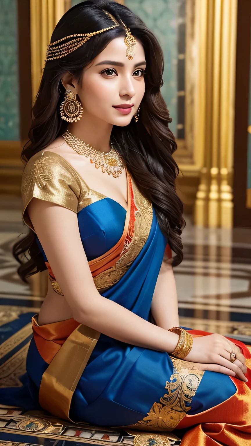 A photo of a young woman seated gracefully in a traditional setting, exuding elegance and poise. She is dressed in a vibrant orange and gold saree, which drapes beautifully around her, showcasing intricate patterns and a luxurious sheen. The saree is complemented by a deep blue blouse with embellishments, adding contrast and richness to her attire. Her long, dark hair cascades in loose waves over her shoulders, and she wears traditional jewelry, including bangles and earrings, which further enhance her regal appearance. Her posture is relaxed yet refined, with one leg bent and the other stretched out in front of her. She gazes thoughtfully to the side, her expression serene and composed, suggesting a moment of quiet reflection. The setting appears to be a grand, ornately decorated interior, possibly a palace or a heritage home. The floor beneath her is adorned with intricate patterns, and the walls behind her feature detailed tile work in muted colors,