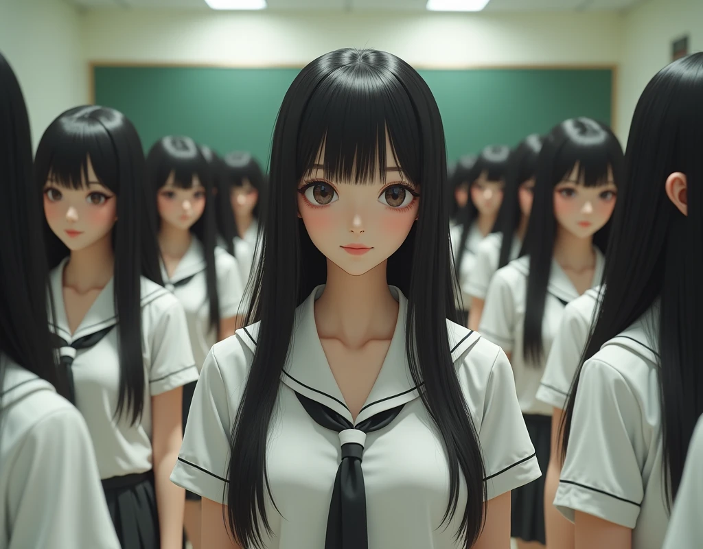 (Japanese Clone-girls=Myself), (Super Best masterpiece Clone-girls Raw Photography Art), (16K, Highest quality, Ultra-high resolution, RAW Photos), (It's so unrealistic., With unparalleled depiction, With an unfathomable sight, An unprecedented and shocking worldview, Clone-girls: In a world of mass reproduction, Ultra-realistic depiction), (Japanese Girls, Hamabe-Minami, 18yo), (Small face, Thick black hair, long hair, Dark Eyes, Mature face, Cute Smile, Smiling face, A gentle gaze), (Very pleasant look), (Very beautiful and detailed girl, Accurate body structure, Accurate body movements, Very detailed body), (Super big breasts, Large bulge of ample breasts), (High school girl's summer clothes, Short sleeve, Emphasise the fullness of your breasts), (Very detailed, Myself cloning, Depiction of splitting oneself, 1Myself girl→1,000,000,000,000,000,000,000,000,000,000Myself cloning girls), (Myself clone girlsは, With the same perfect appearance, to multiply in large numbers), (Very detailed depiction, Myself's multiplying female body, In the same female body,With the same face, With the same hairstyle, In the same clothes, At the same height, 同じSuper big breastsで, A completely indistinguishable female body, 1,000,000,000,000,000,000,000,000,000,000 people), (Myself girls only), (1,000,000,000,000,000,000,000,000,000,000Myself girls), Japanese Classroom, Scenes from class, Bright lighting, Peaceful atmosphere, Talk to Myself, wide view, Snapshot depiction, You can shoot your subject from anywhere, The subject doesn't have to be front and center