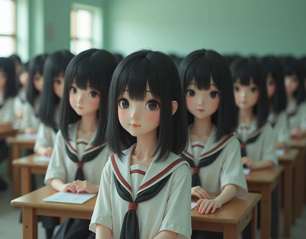 (Japanese Clone-girls=Myself), (Super Best masterpiece Clone-girls Raw Photography Art), (16K, Highest quality, Ultra-high resolution, RAW Photos), (It's so unrealistic., With unparalleled depiction, With an unfathomable sight, An unprecedented and shocking worldview, Clone-girls: In a world of mass reproduction, Ultra-realistic depiction), (Japanese Girls, Hamabe-Minami, 18yo), (Small face, Thick black hair, long hair, Dark Eyes, Mature face, Cute Smile, Smiling face, A gentle gaze), (Very pleasant look), (Very beautiful and detailed girl, Accurate body structure, Accurate body movements, Very detailed body), (Super big breasts, Large bulge of ample breasts), (High school girl's summer clothes, Short sleeve, Emphasise the fullness of your breasts), (Very detailed, Myself cloning, Depiction of splitting oneself, 1Myself girl→1,000,000,000,000,000,000,000,000,000,000Myself cloning girls), (Myself clone girlsは, With the same perfect appearance, to multiply in large numbers), (Very detailed depiction, Myself's multiplying female body, In the same female body,With the same face, With the same hairstyle, In the same clothes, At the same height, 同じSuper big breastsで, A completely indistinguishable female body, 1,000,000,000,000,000,000,000,000,000,000 people), (Myself girls only), (1,000,000,000,000,000,000,000,000,000,000Myself girls), Japanese Classroom, Scenes from class, Bright lighting, Peaceful atmosphere, Talk to Myself, wide view, Snapshot depiction, You can shoot your subject from anywhere, The subject doesn't have to be front and center