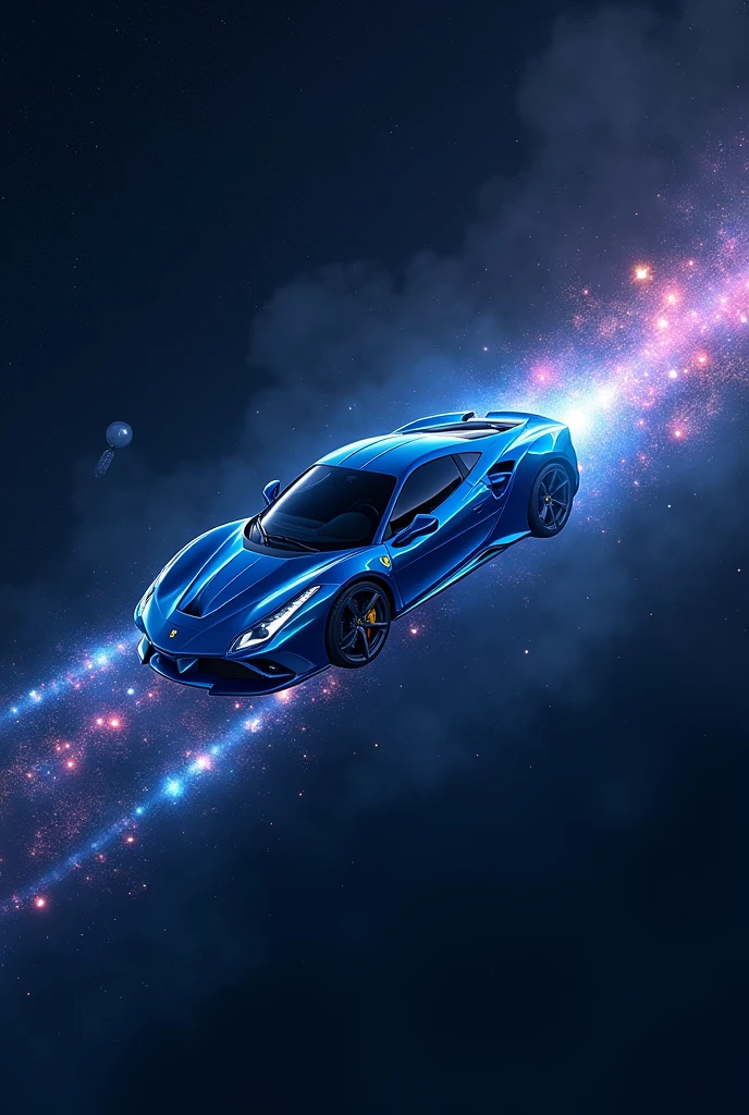 A blue ferrari car flying in the sky with his wings at dark night beside manny colourful star and the satellite 