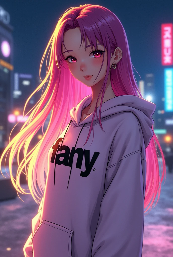 Create anime character;
{background: capital HD text: “GLBK” in center-top, night}, tanned skin,
realistic, HDR, beautiful, korean style, full body, age 20, hoodie HD text: “Fany”, female, graduent yellow and pink hair, long hair, medium boobs