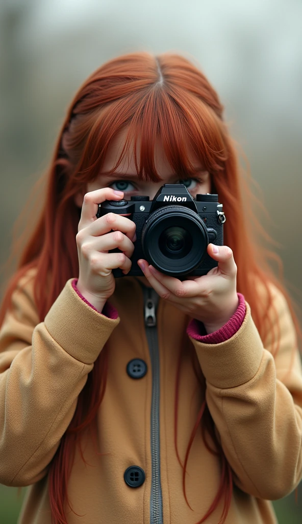 Girl ((9 years)) ((body )), long dark red hair, (parts:1.0), clear skin, light gray eyes, Nikon Z 50 Full Angle Shooting
