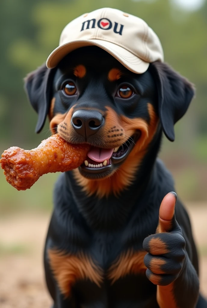 Rott weiler femmina sorridente  con un coscio di pollo in bocca e  con cappello da tennis con scritto “MOU” che fa il gesto del pollice in alto