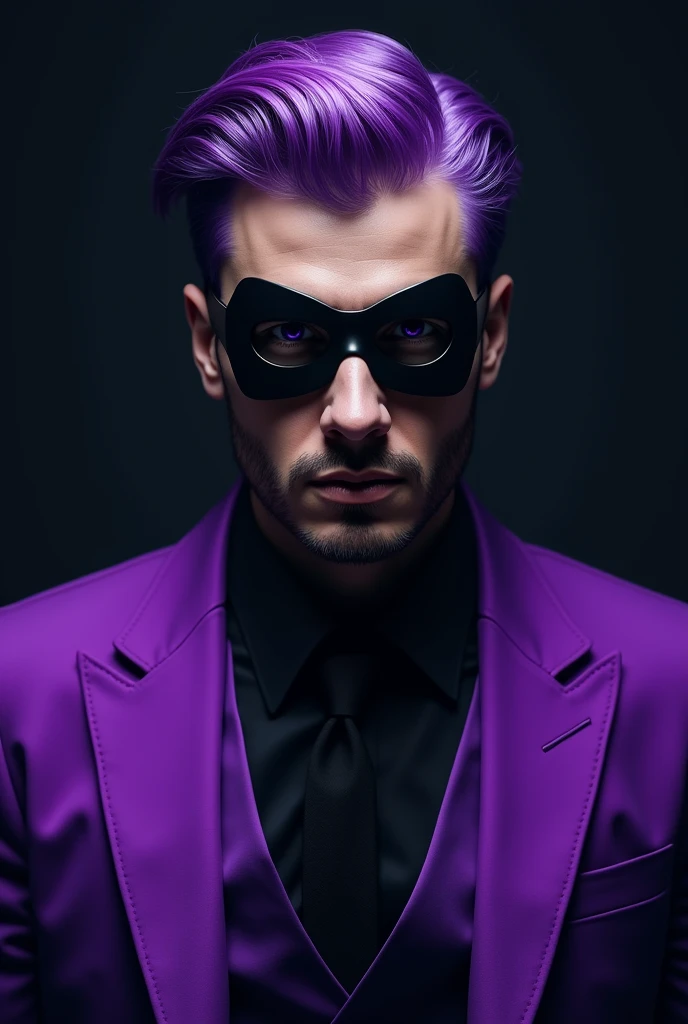 A man with a purple suit, purple hair forward, bright purple eyes with a black criminal mask