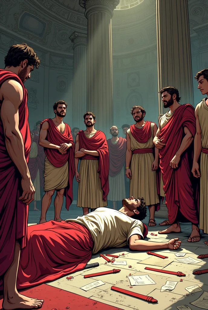 Design a picture of Julius Caesar laying down on Pompey's statue , Caesar being murdered