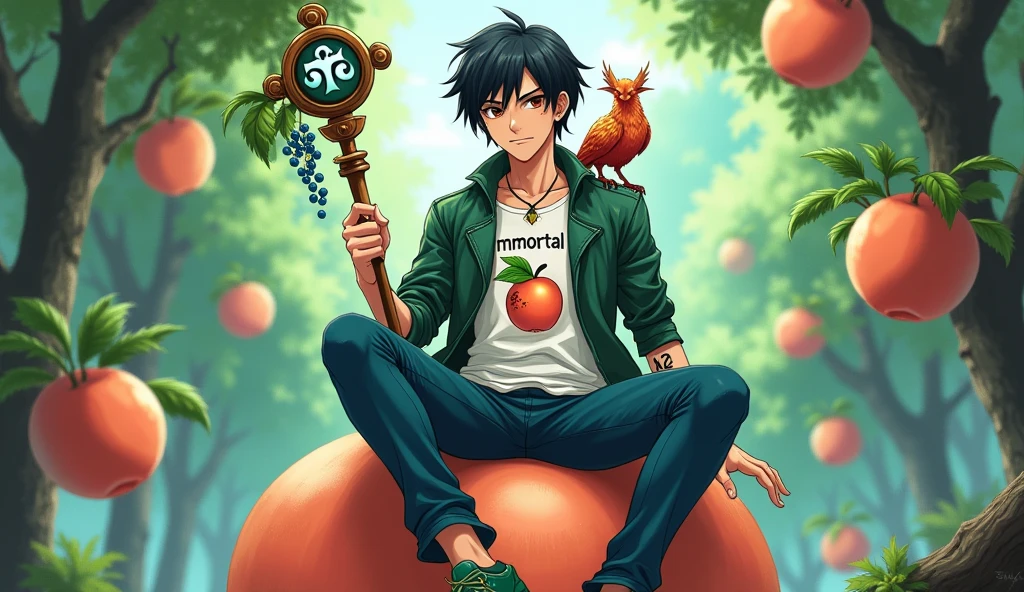A male teenager. He has black hair and fair skin. In his left hand he is holding a wooden staff with grape vines attached to it and at the end of it is the symbol of the Tree of Life. He is wearing an ankh necklace. He is wearing a white shirt with a drawing of a peach and below it is written The Immortal. A green hydra leather jacket. Blue pants. Green shoes. He has the number 42 tattooed on his right hand. He is sitting on a giant peach. On his shoulder, there is a phoenix inn. The place he is in is a forest full of peach trees. The image has to be in anime.