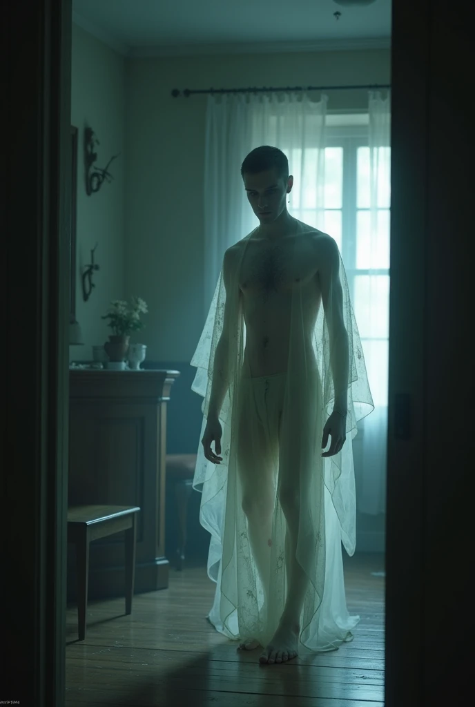Transparent male character with injuries with all black ghost eyes. in a house. Effrayant...
