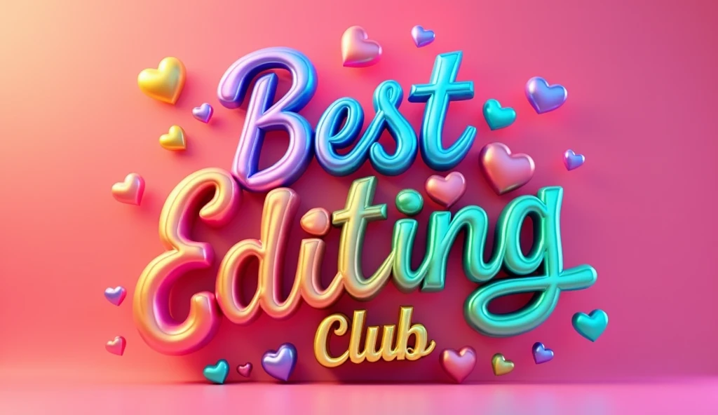 A 3D render of the word "Best Editing Club" in a flowing, cursive font. Each letter transitions smoothly from fiery metallic pink to electric metallic blue, sunny yellow, and lush green. Hearts of various sizes and colors decorate the design, adding a touch of magic and whimsy. The pink background highlights the bold, striking letters and enhances the visual contrast. This creation masterfully blends typography, 3D render techniques, and illustration to create a visually stunning and enchanting experience.