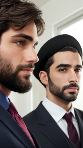A group of Jewish men focus on the face