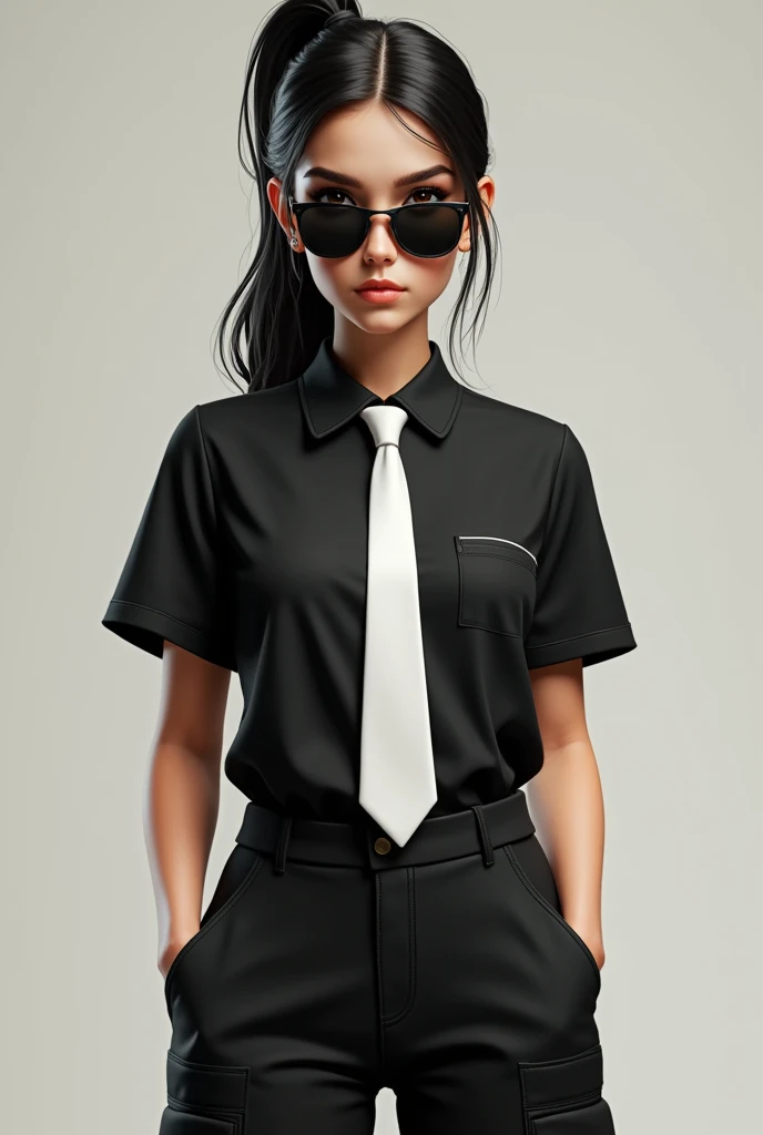Girl on a mafia outfit with black skinny collared t-shirt, white necktie and black cargo pantswith no coat. Also, wearing sunglasses
