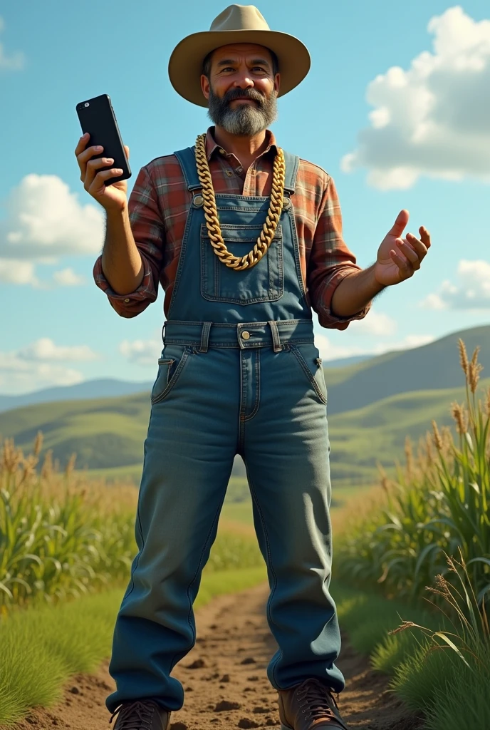 Create an image of a farmer with a gold chain and an iPhone in his hand