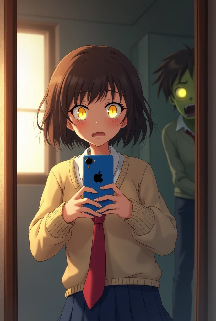 1girl, young girl with glowing yellow eyes, taking a selfie with a blue smartphone with Apple logo in front of a mirror, she is looking to the smartphone with scared expression. She has shoulder-length dark brown hair and is wearing a beige sweater over a white shirt with a red tie, and a blue skirt. The background shows a bathroom with a window, warm light filters in, casting a soft glow. A zombie-like figure with greenish skin and glowing yellow eyes is visible in the background behind her, adding an eerie element to the scene. The overall composition is dynamic, the contrasting warm and cool tones creating a striking visual effect.