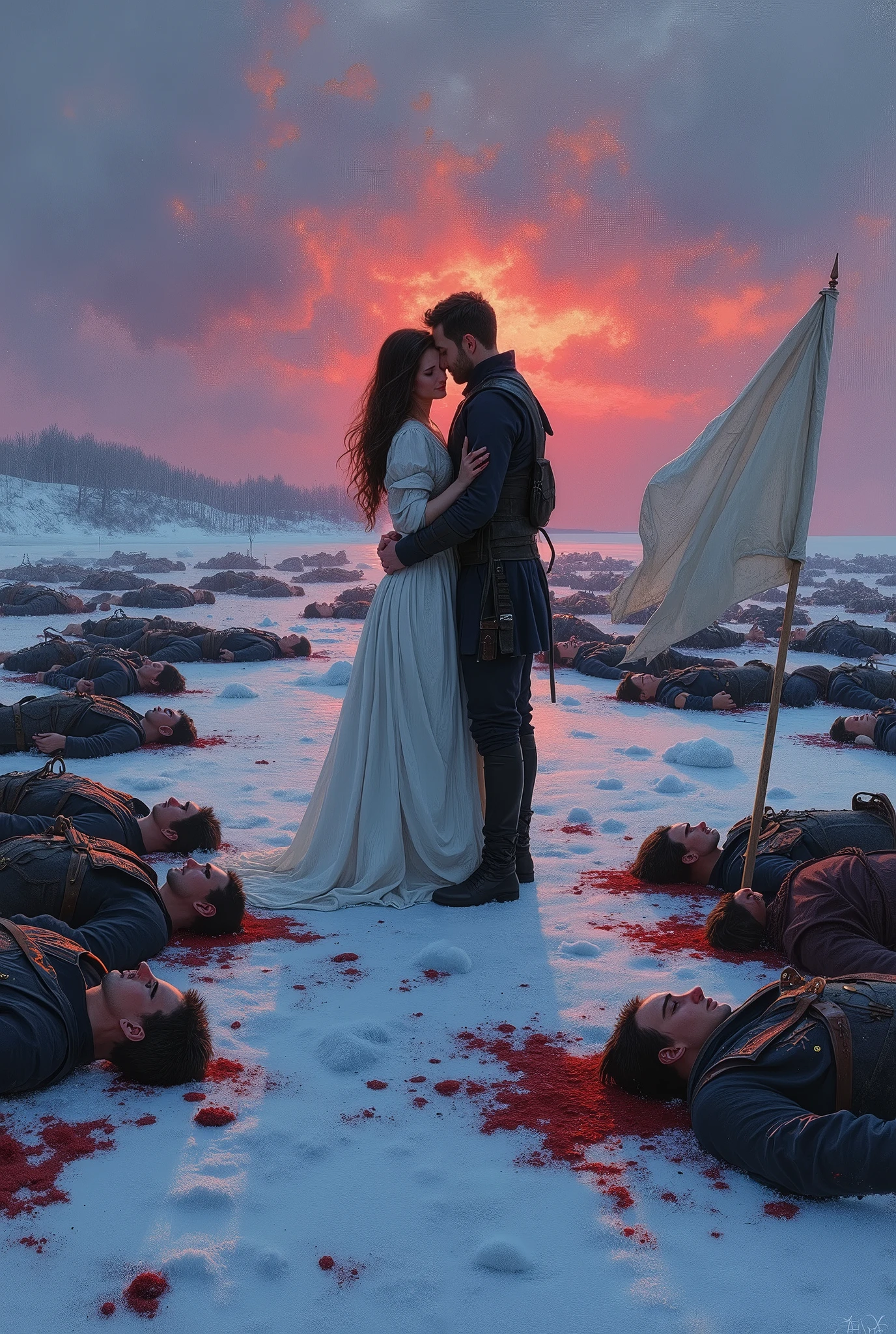 Impressionist painting style, horizontal. featuring a man and a woman standing embracing and crying at the center of the image, depicted in full-body. The woman is wearing a white dress, while the man is dressed in a black shirt and black pants, Both are stained with blood. A white flag with the word ‘Sorry’ hand written in blood. The ground beneath them is icy, covered with bloodied bodies of soldiers in medieval military uniforms, laying on the ground, covered almost entire the ground, The background showcases a sky with purple and red hues, as the sun rises. The overall mood of the painting is set by shades of blue, purple, and red.